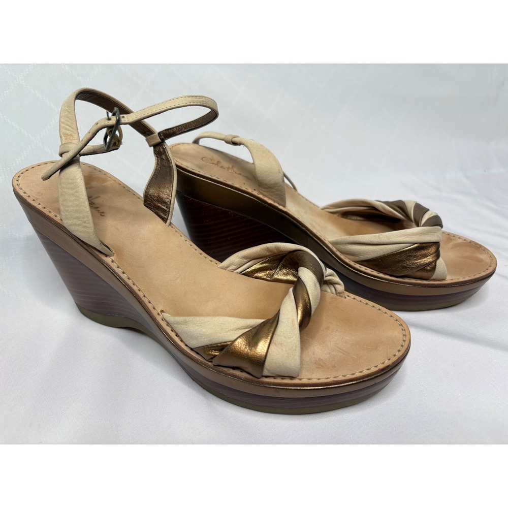 COLE HAAN Tan Bronze Metallic Nike Air Twisted Strap Wedge Sandals Sz 10 Boho